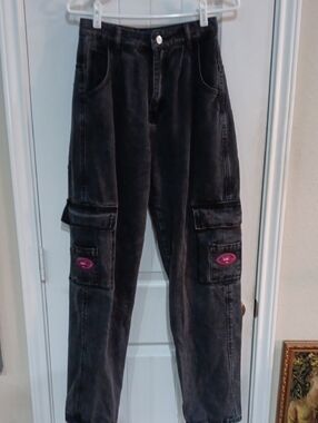 WAKE Baggy Cargo Jeans Black Denim Y2K Skater High Waist Wide Leg Pockets
